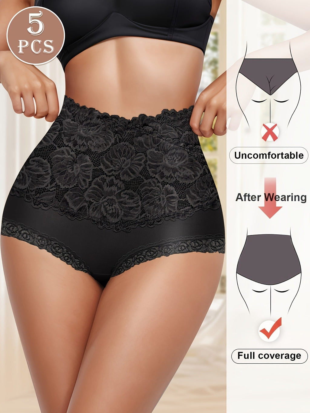 Everyday Comfort: High-Waist Lace-Trim Panties, 5-Pack