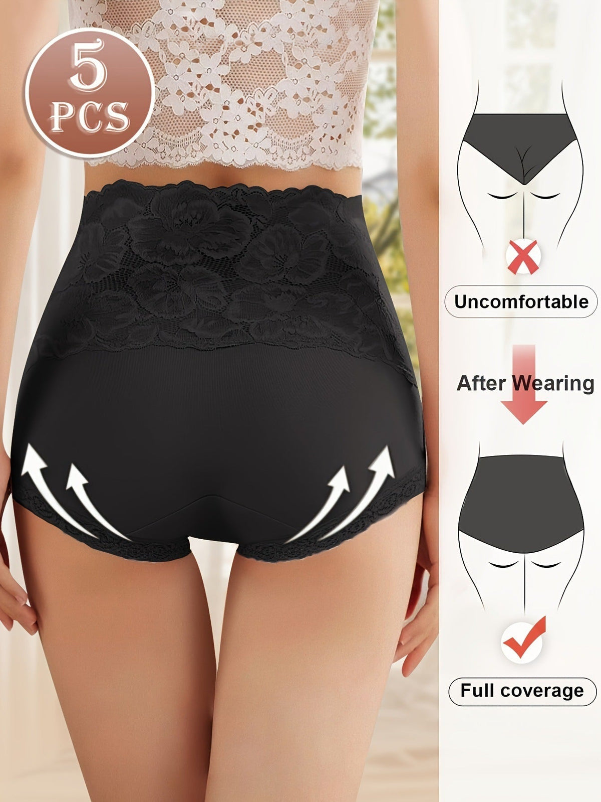 Everyday Comfort: High-Waist Lace-Trim Panties, 5-Pack