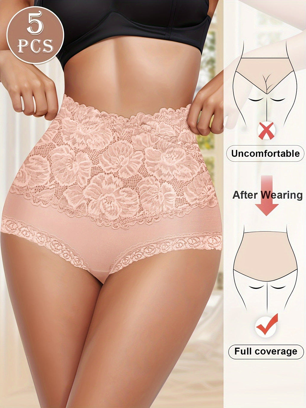 Everyday Comfort: High-Waist Lace-Trim Panties, 5-Pack