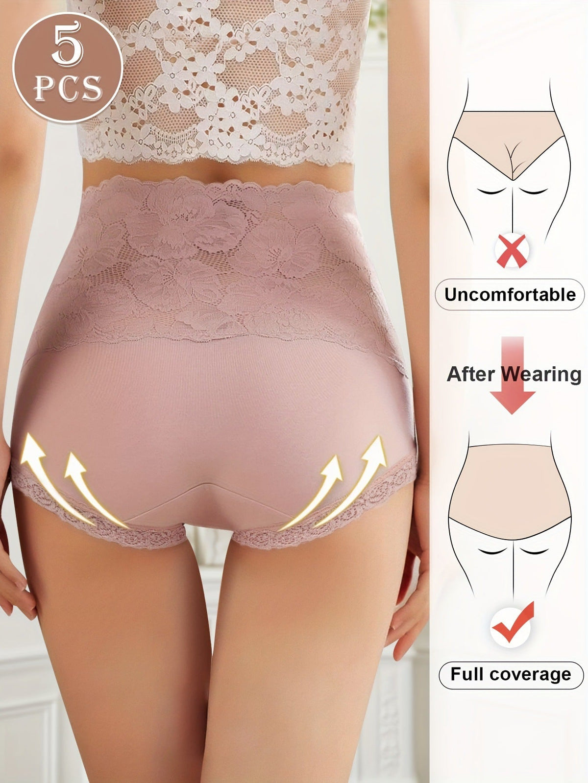 Everyday Comfort: High-Waist Lace-Trim Panties, 5-Pack