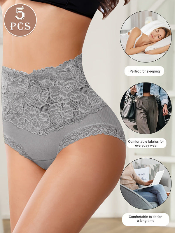 Everyday Comfort: High-Waist Lace-Trim Panties, 5-Pack