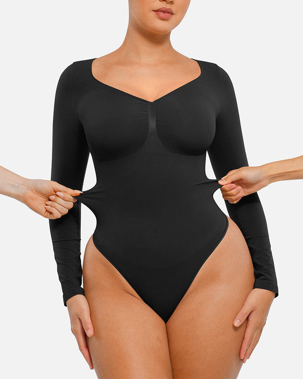 Women's Seamless Sculpting Long-Sleeve Thong Bodysuit for Tummy Control