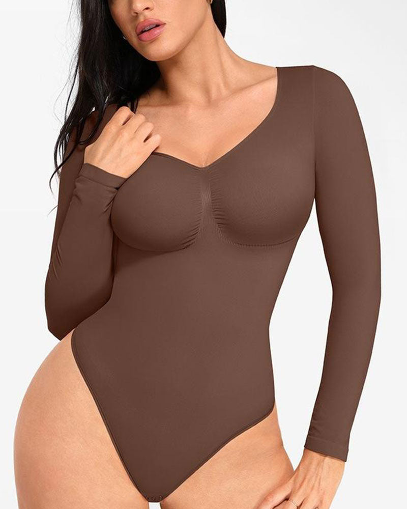 Women's Seamless Sculpting Long-Sleeve Thong Bodysuit for Tummy Control