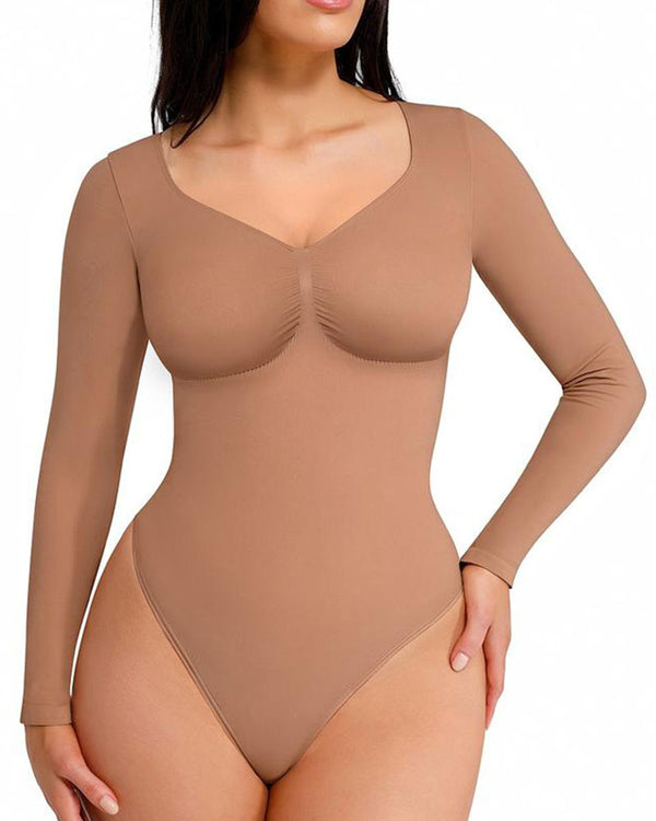 Women's Seamless Sculpting Long-Sleeve Thong Bodysuit for Tummy Control