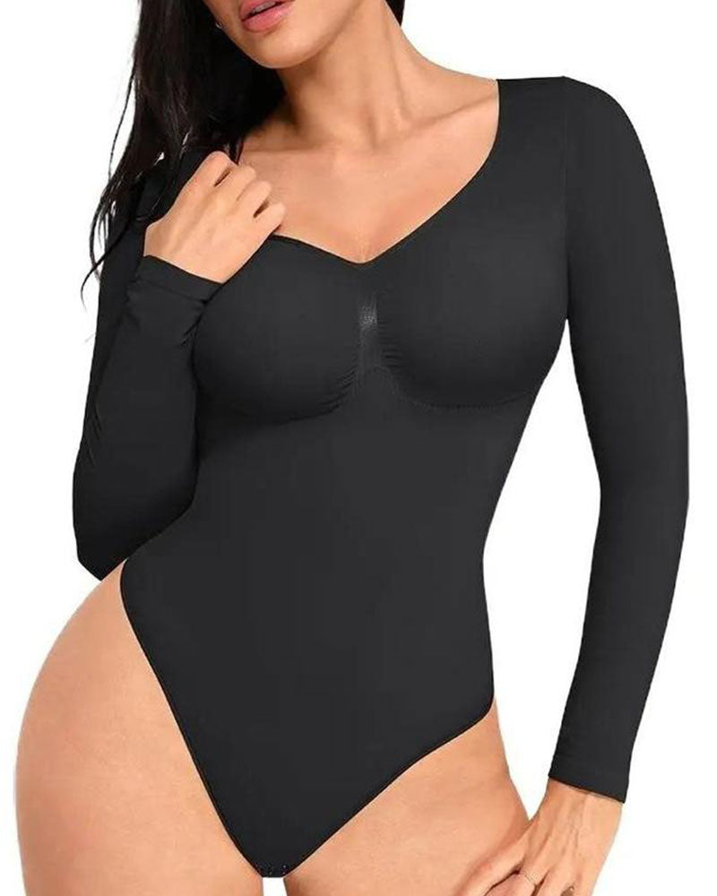 Women's Seamless Sculpting Long-Sleeve Thong Bodysuit for Tummy Control