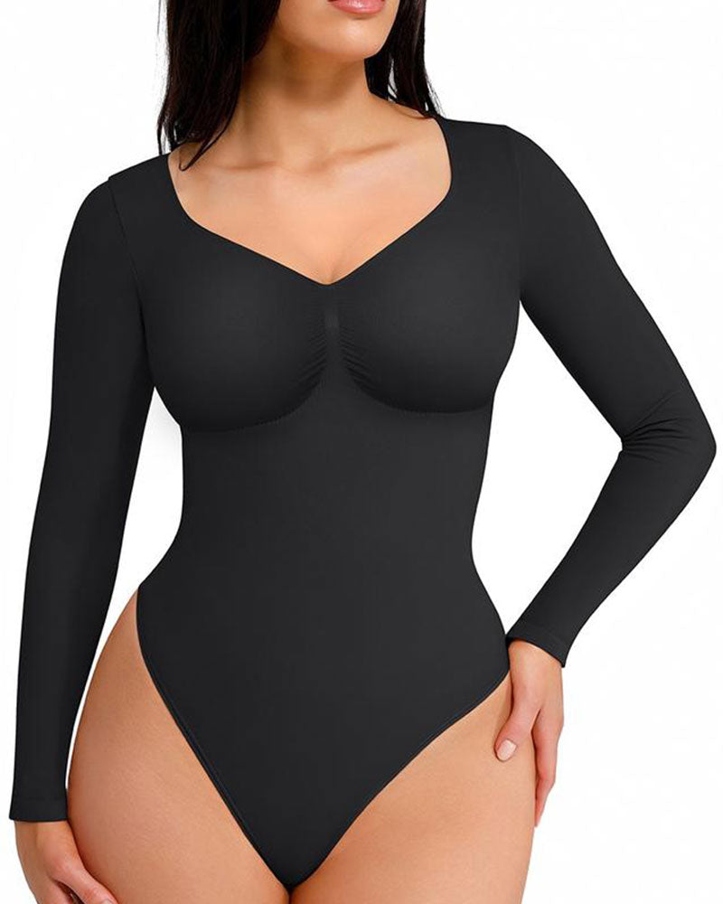 Women's Seamless Sculpting Long-Sleeve Thong Bodysuit for Tummy Control