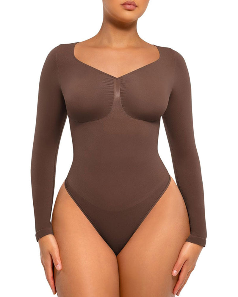 Women's Seamless Sculpting Long-Sleeve Thong Bodysuit for Tummy Control