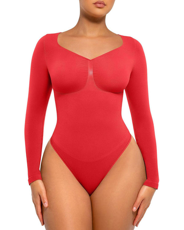 Women's Seamless Sculpting Long-Sleeve Thong Bodysuit for Tummy Control
