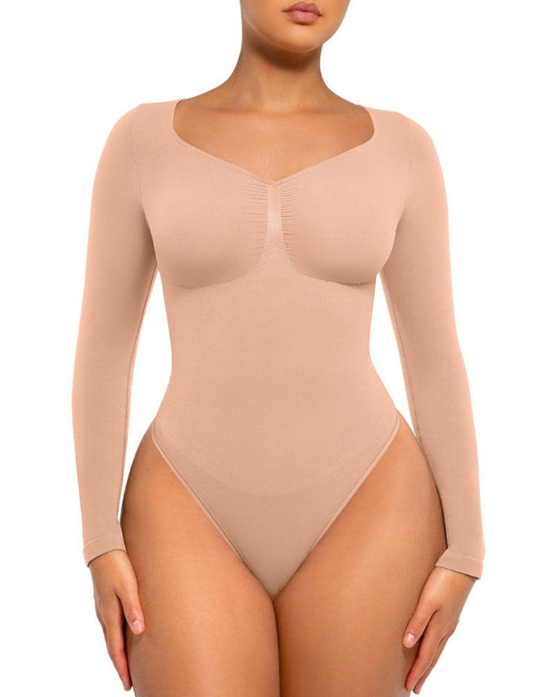 Women's Seamless Sculpting Long-Sleeve Thong Bodysuit for Tummy Control