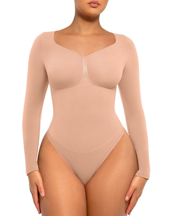 Women's Seamless Sculpting Long-Sleeve Thong Bodysuit for Tummy Control