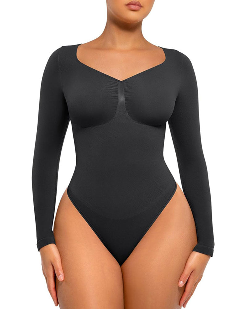 Women's Seamless Sculpting Long-Sleeve Thong Bodysuit for Tummy Control