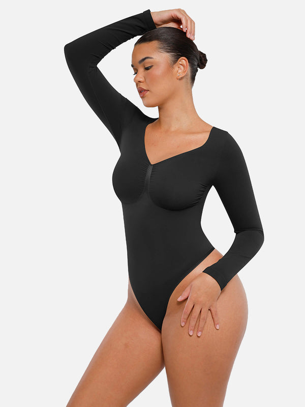 Women's Seamless Sculpting Long-Sleeve Thong Bodysuit for Tummy Control