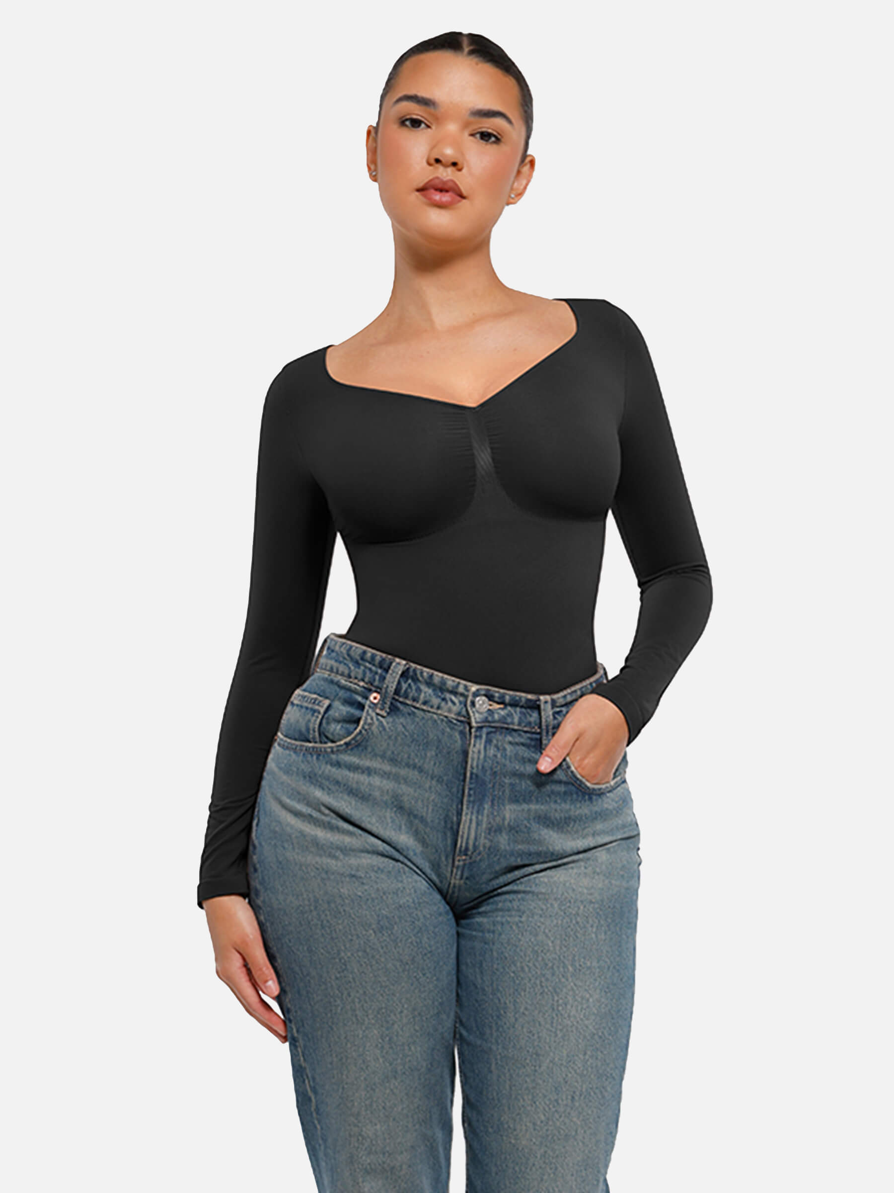 Women's Seamless Sculpting Long-Sleeve Thong Bodysuit for Tummy Control