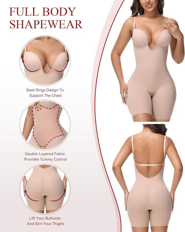 Women's U-Plunge Strapless Bodysuit Shapewear with Tummy Control, Built-In Bra and Low Back