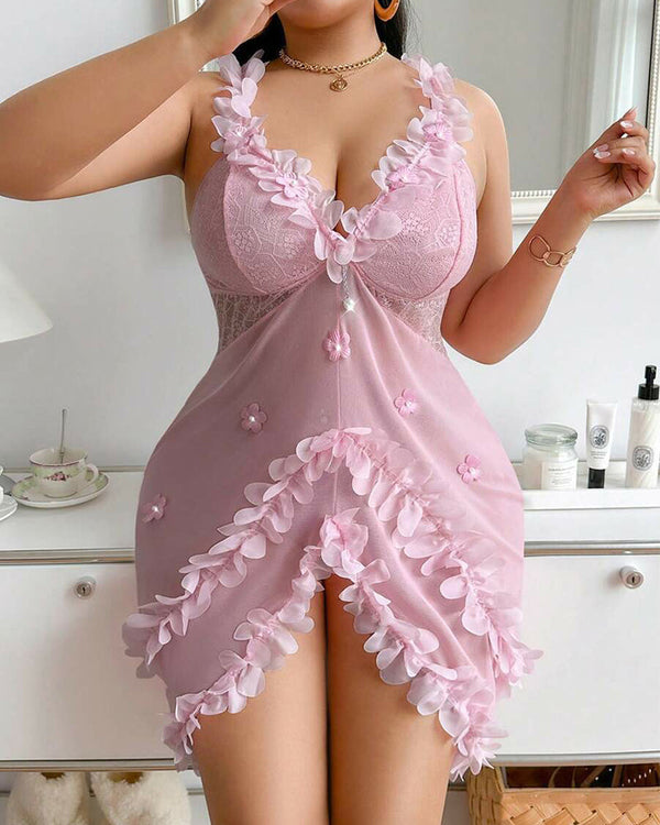 Sultry Plus-Size V-Neck Nightie with Spaghetti Straps and Backless Ruffles