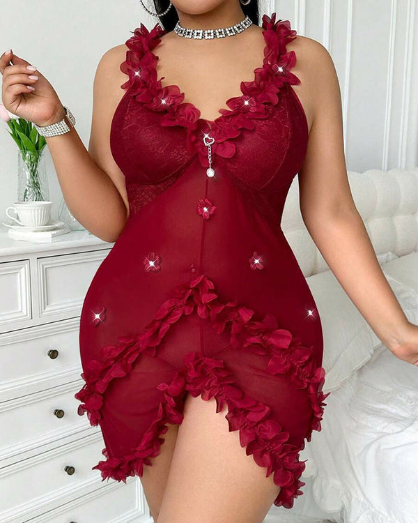 Sultry Plus-Size V-Neck Nightie with Spaghetti Straps and Backless Ruffles