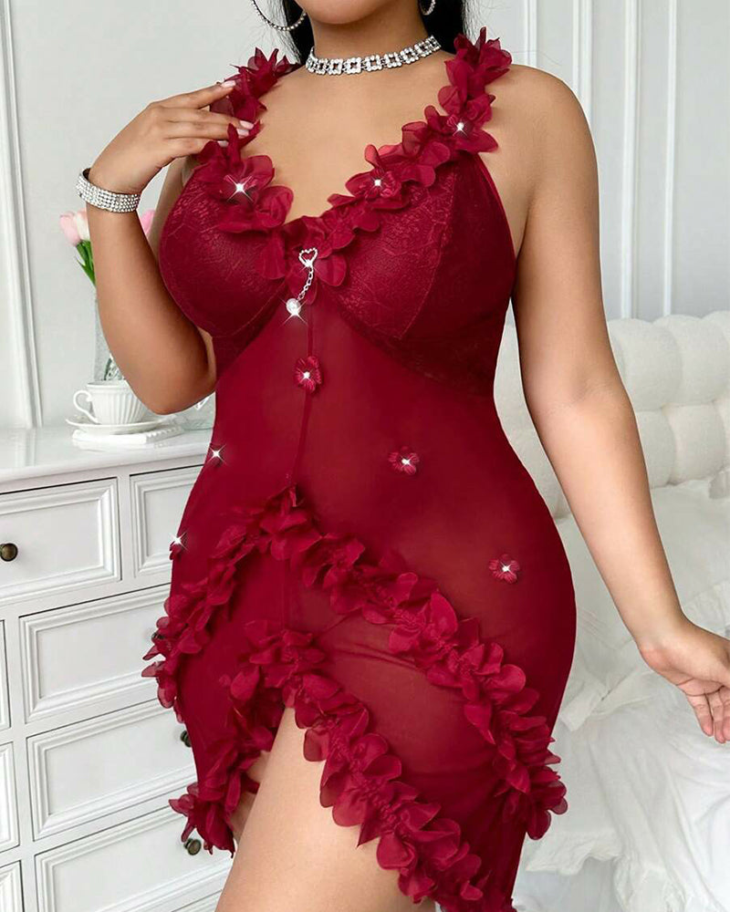 Sultry Plus-Size V-Neck Nightie with Spaghetti Straps and Backless Ruffles