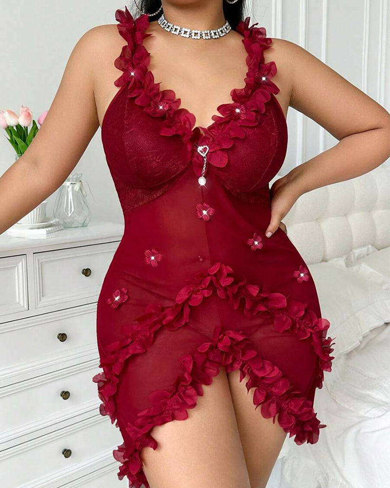 Sultry Plus-Size V-Neck Nightie with Spaghetti Straps and Backless Ruffles