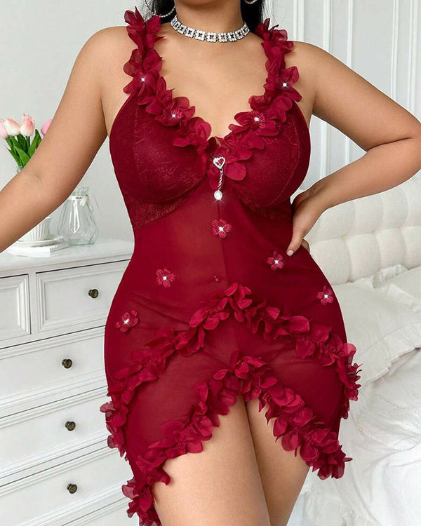 Sultry Plus-Size V-Neck Nightie with Spaghetti Straps and Backless Ruffles