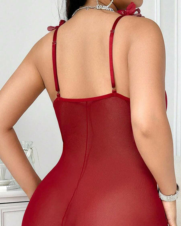 Sultry Plus-Size V-Neck Nightie with Spaghetti Straps and Backless Ruffles