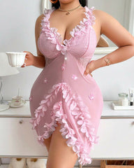 Sultry Plus-Size V-Neck Nightie with Spaghetti Straps and Backless Ruffles