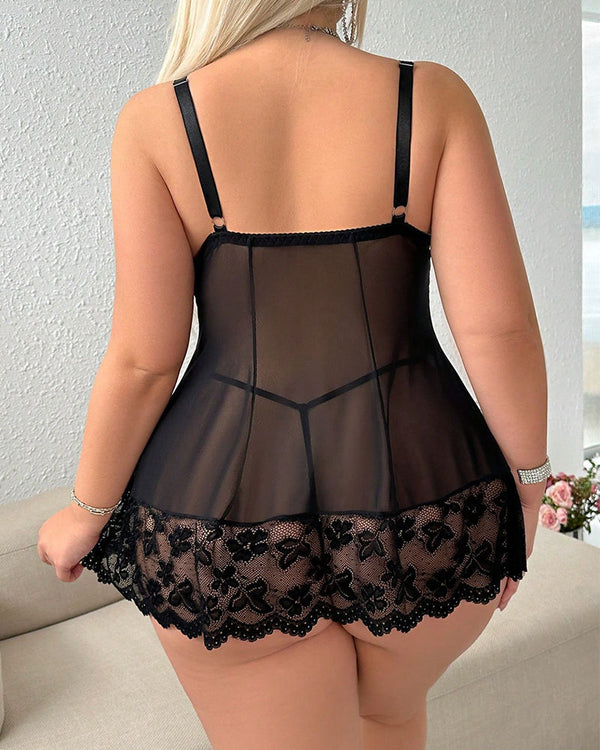 Plus Size Lace-Hollow-Out See-Through Camisole Sleepwear Set