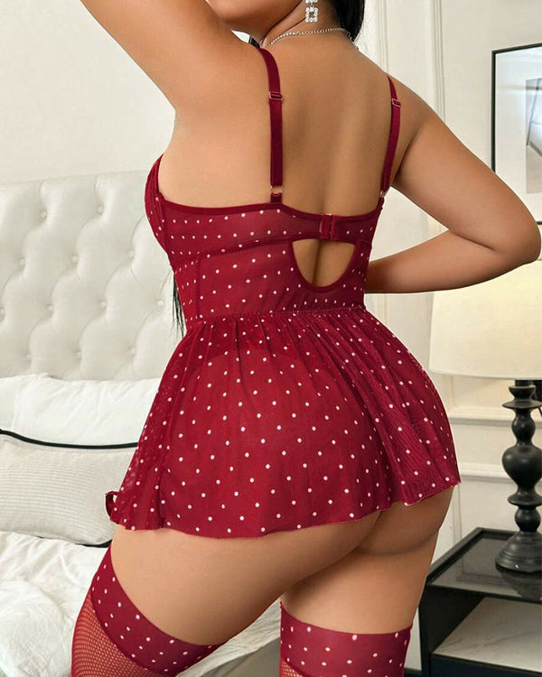 Alluring Plus-Size Sheer Lace & Mesh Nightie with Polka Dot Pattern for Women