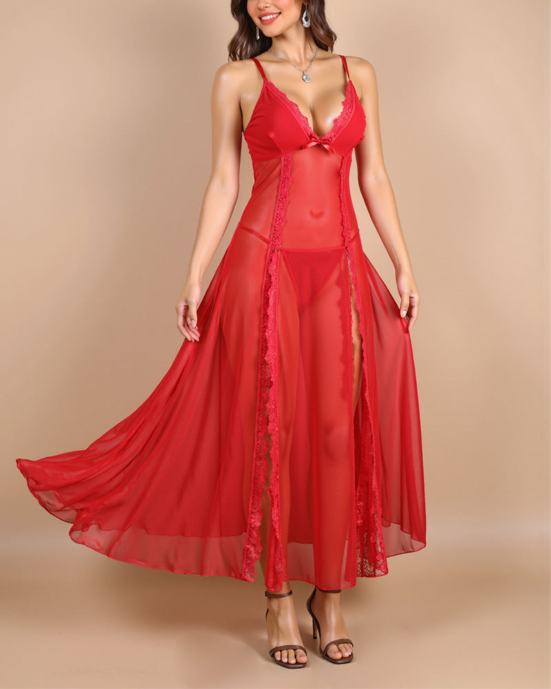 Sultry Sheer Backless Long Nightdress Set with Side Slit and Matching Panty