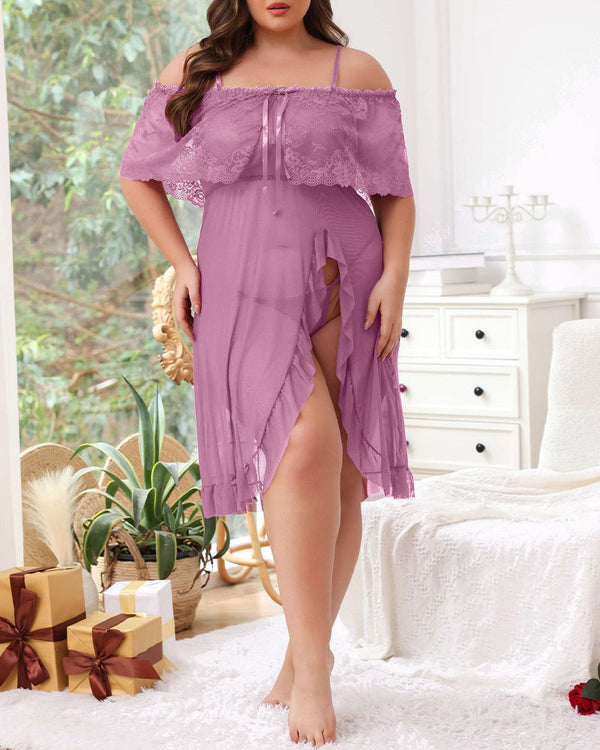 Glamorous Plus Size Sheer Lace Nightdress & Panty Set