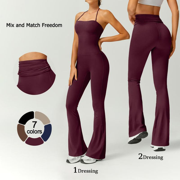 Women's Halter-Neck Bodycon Jumpsuit with Flare Legs – Ultra-Stretch, Butt-Lifting Activewear for a Sleek Silhouette