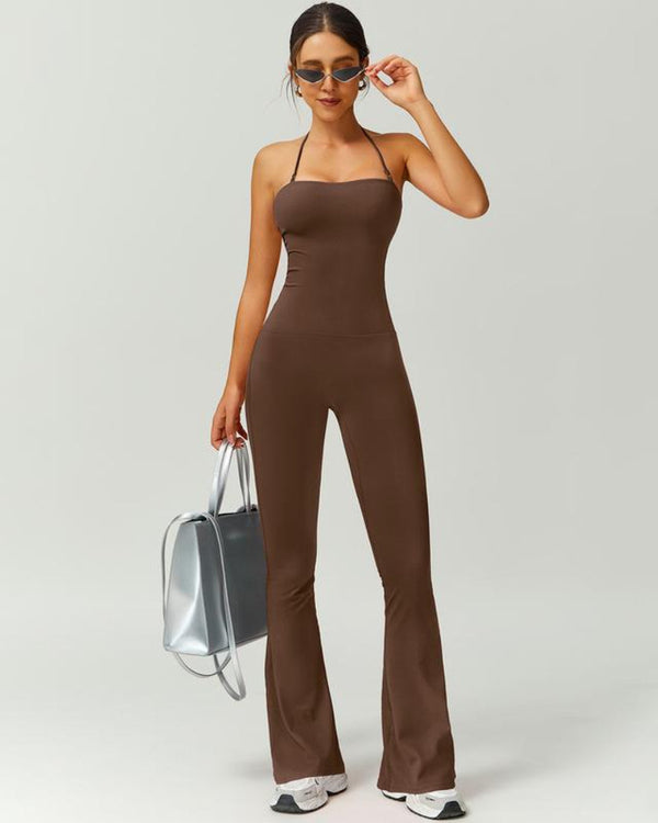 Women's Halter-Neck Bodycon Jumpsuit with Flare Legs – Ultra-Stretch, Butt-Lifting Activewear for a Sleek Silhouette