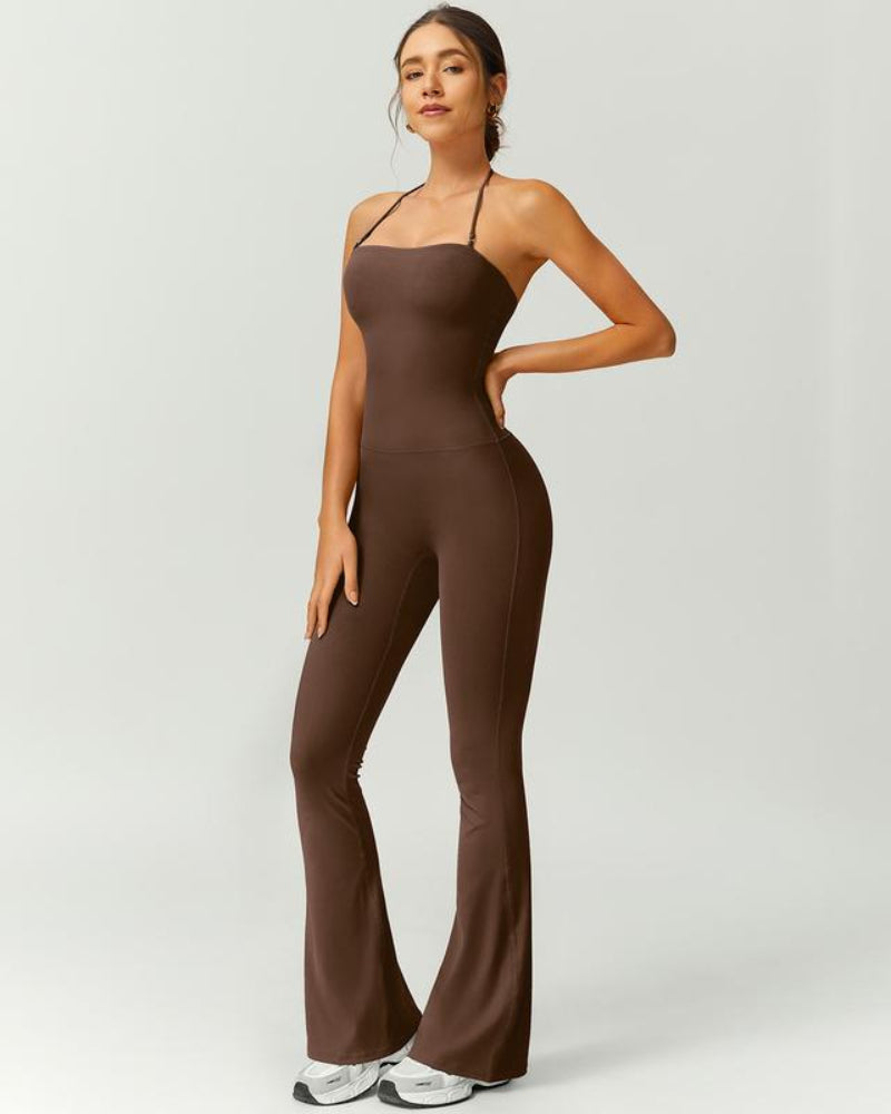 Women's Halter-Neck Bodycon Jumpsuit with Flare Legs – Ultra-Stretch, Butt-Lifting Activewear for a Sleek Silhouette