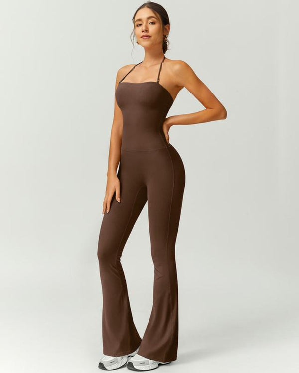 Women's Halter-Neck Bodycon Jumpsuit with Flare Legs – Ultra-Stretch, Butt-Lifting Activewear for a Sleek Silhouette