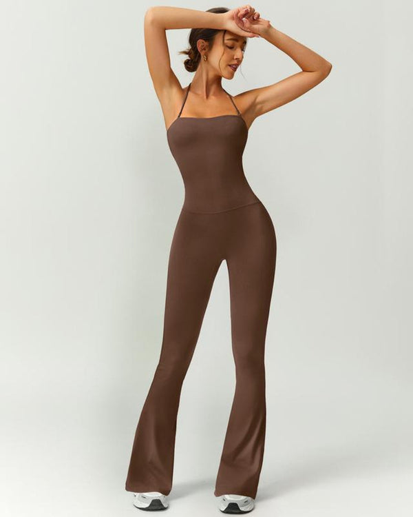 Women's Halter-Neck Bodycon Jumpsuit with Flare Legs – Ultra-Stretch, Butt-Lifting Activewear for a Sleek Silhouette
