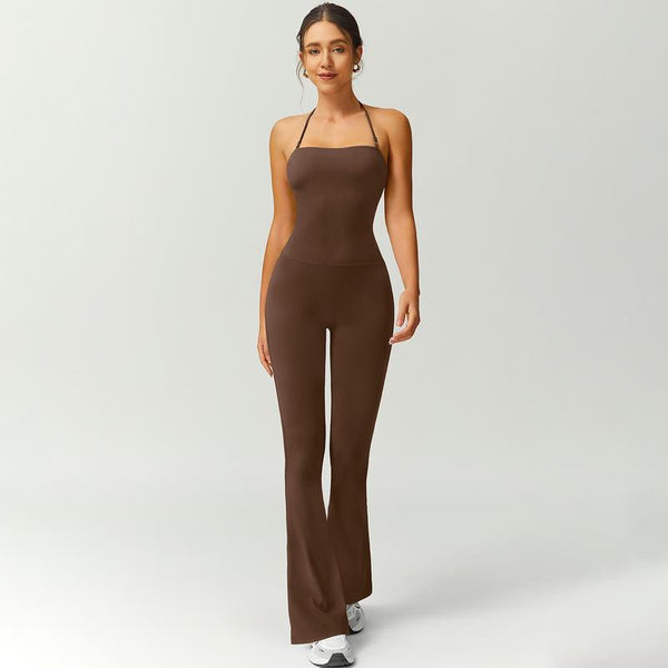 Women's Halter-Neck Bodycon Jumpsuit with Flare Legs – Ultra-Stretch, Butt-Lifting Activewear for a Sleek Silhouette