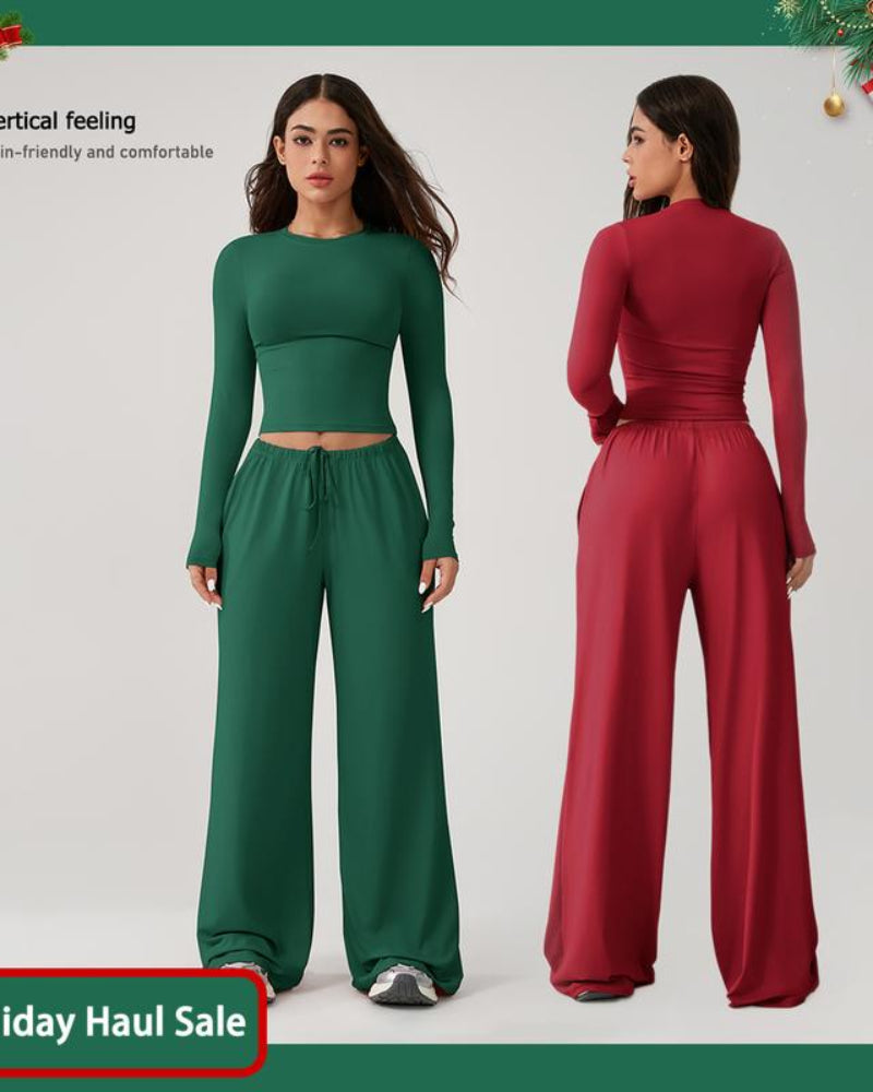 Women's 2-Piece Activewear Set: Long-Sleeve Crop Top + Wide-Leg Pants — Ultra-Stretchy Yoga, Workout & Running Wear