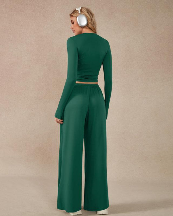 Women's 2-Piece Activewear Set: Long-Sleeve Crop Top + Wide-Leg Pants — Ultra-Stretchy Yoga, Workout & Running Wear