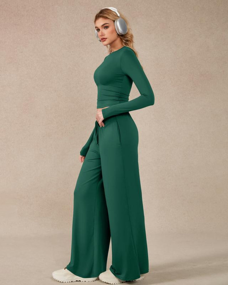 Women's 2-Piece Activewear Set: Long-Sleeve Crop Top + Wide-Leg Pants — Ultra-Stretchy Yoga, Workout & Running Wear