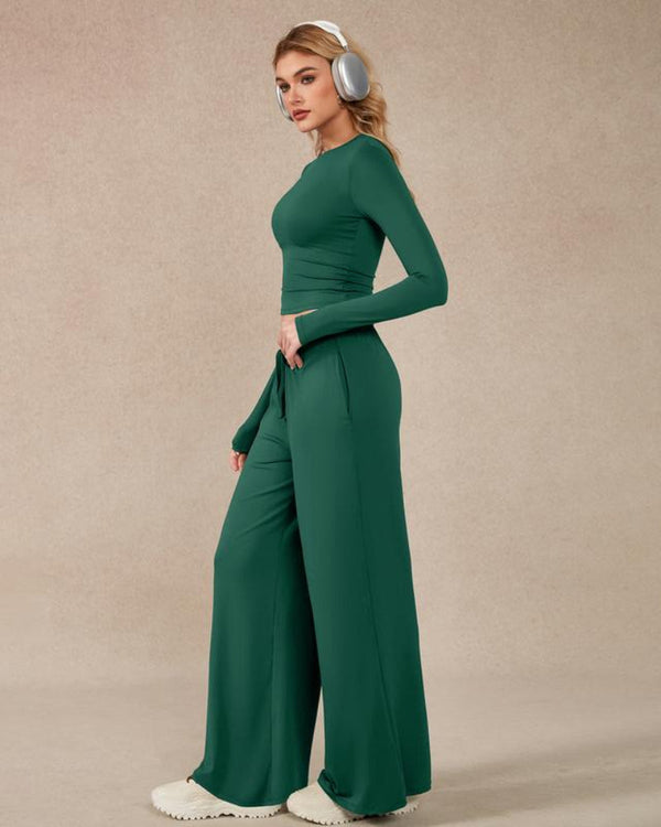 Women's 2-Piece Activewear Set: Long-Sleeve Crop Top + Wide-Leg Pants — Ultra-Stretchy Yoga, Workout & Running Wear