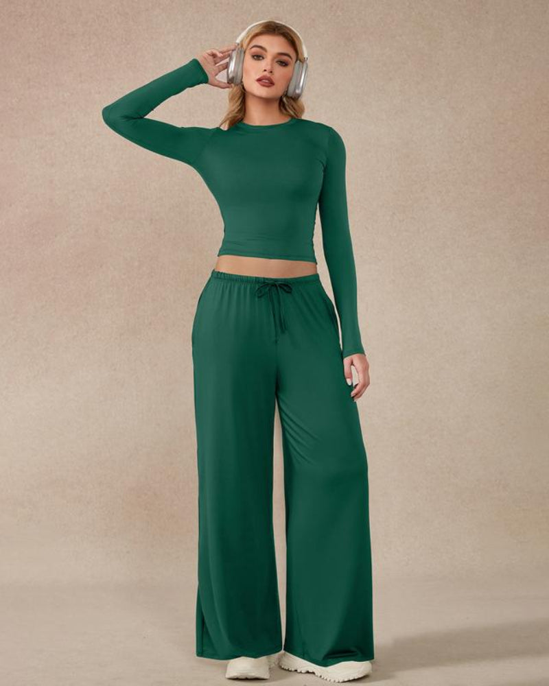 Women's 2-Piece Activewear Set: Long-Sleeve Crop Top + Wide-Leg Pants — Ultra-Stretchy Yoga, Workout & Running Wear