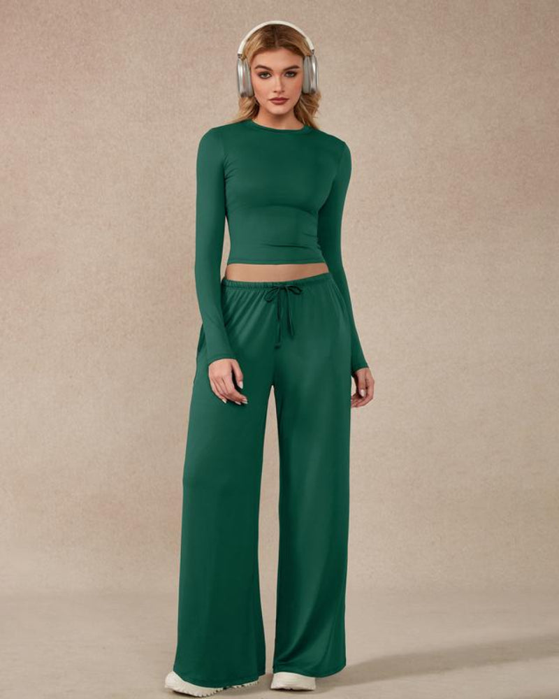 Women's 2-Piece Activewear Set: Long-Sleeve Crop Top + Wide-Leg Pants — Ultra-Stretchy Yoga, Workout & Running Wear Secondary image