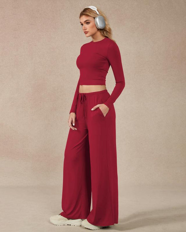 Women's 2-Piece Activewear Set: Long-Sleeve Crop Top + Wide-Leg Pants — Ultra-Stretchy Yoga, Workout & Running Wear