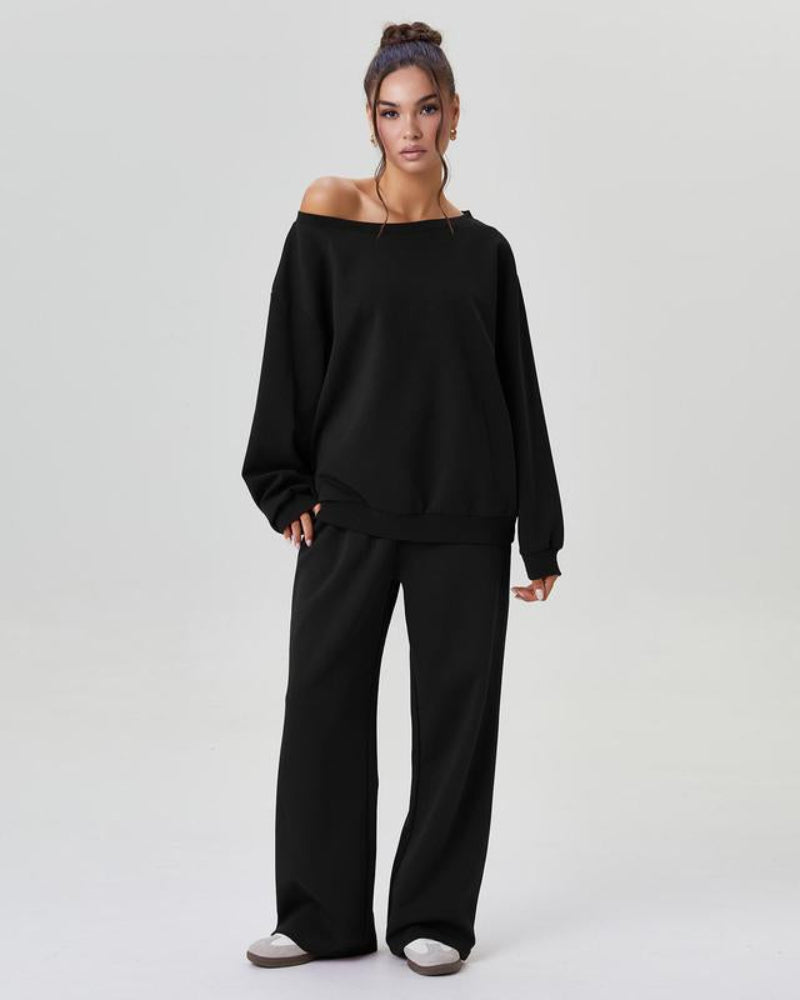 Ultra-Cozy Women’s Two-Piece Lounge Set – One-Shoulder Long-Sleeve Top & Wide-Leg Pants Main image