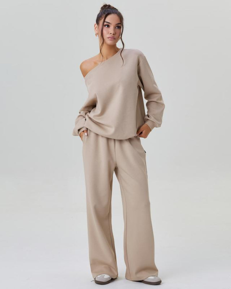 Ultra-Cozy Women’s Two-Piece Lounge Set – One-Shoulder Long-Sleeve Top & Wide-Leg Pants