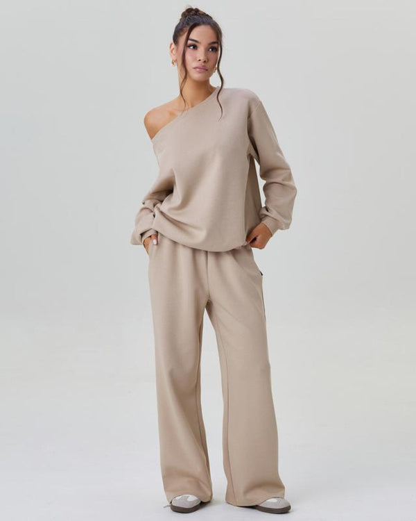 Ultra-Cozy Women’s Two-Piece Lounge Set – One-Shoulder Long-Sleeve Top & Wide-Leg Pants
