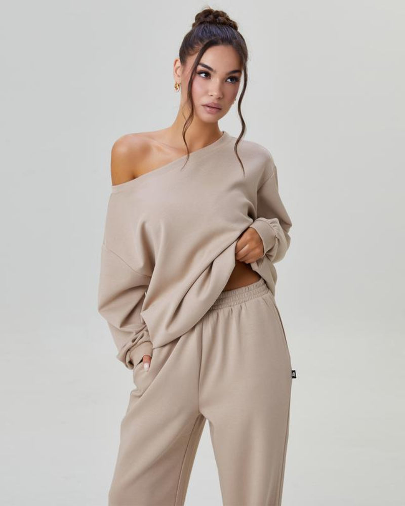 Ultra-Cozy Women’s Two-Piece Lounge Set – One-Shoulder Long-Sleeve Top & Wide-Leg Pants