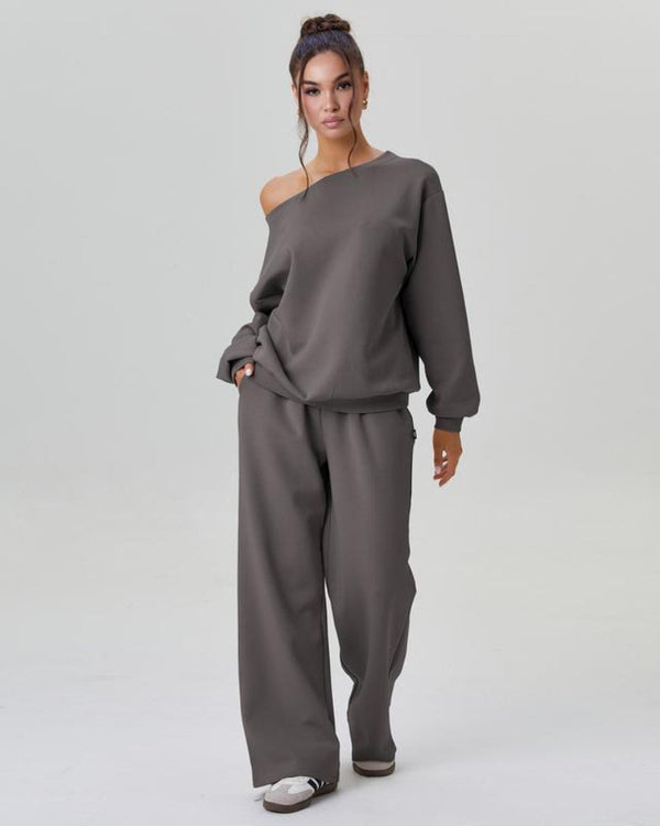 Ultra-Cozy Women’s Two-Piece Lounge Set – One-Shoulder Long-Sleeve Top & Wide-Leg Pants