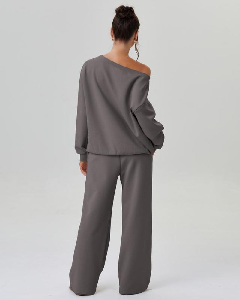 Ultra-Cozy Women’s Two-Piece Lounge Set – One-Shoulder Long-Sleeve Top & Wide-Leg Pants