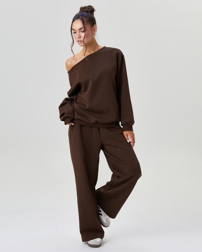 Ultra-Cozy Women’s Two-Piece Lounge Set – One-Shoulder Long-Sleeve Top & Wide-Leg Pants