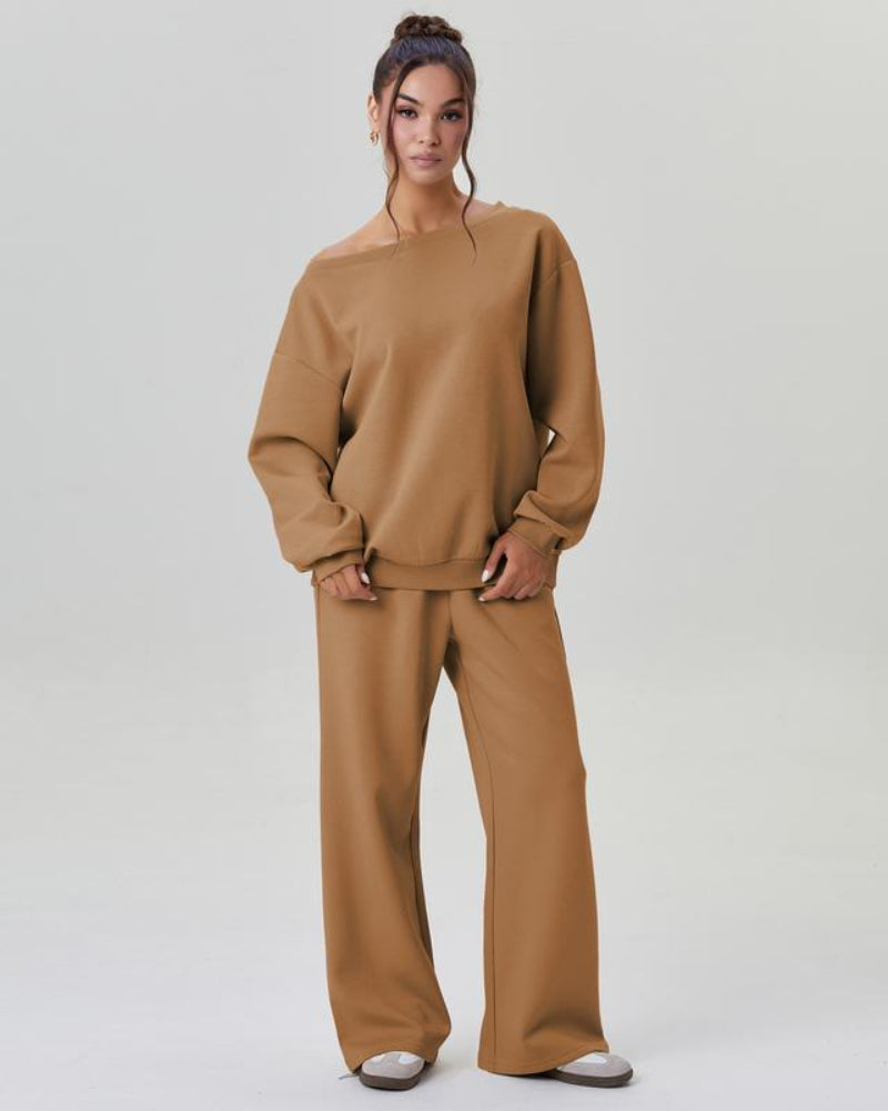 Ultra-Cozy Women’s Two-Piece Lounge Set – One-Shoulder Long-Sleeve Top & Wide-Leg Pants